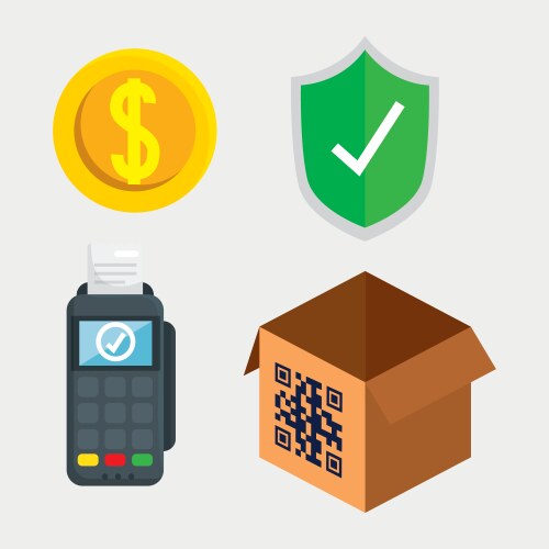 Qr code over box coin shield and dataphone vector image