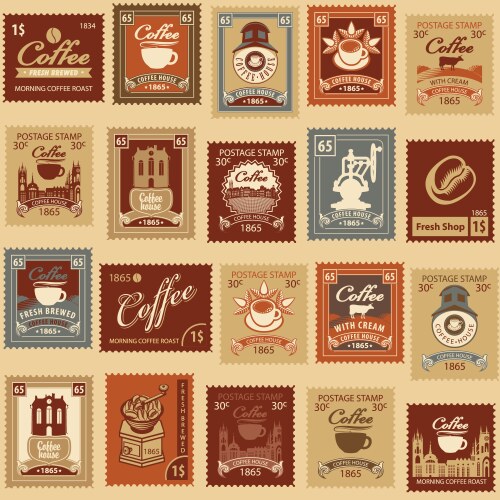 seamless pattern of postage stamps on coffee theme vector