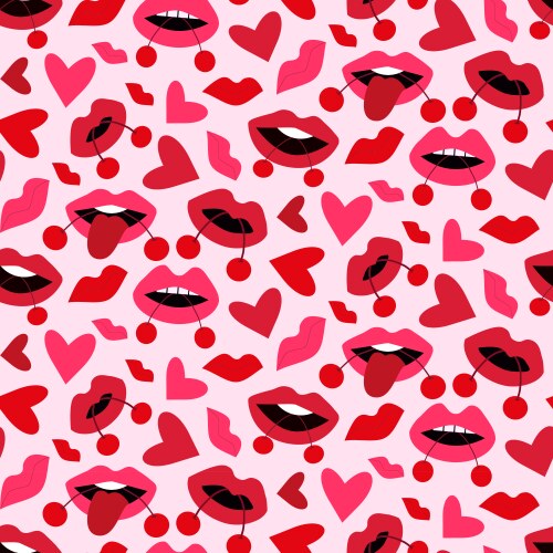 sexy red lips with cherries seamless pattern vector