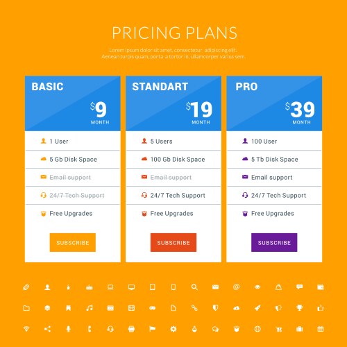 Design template for pricing table with icon set vector image