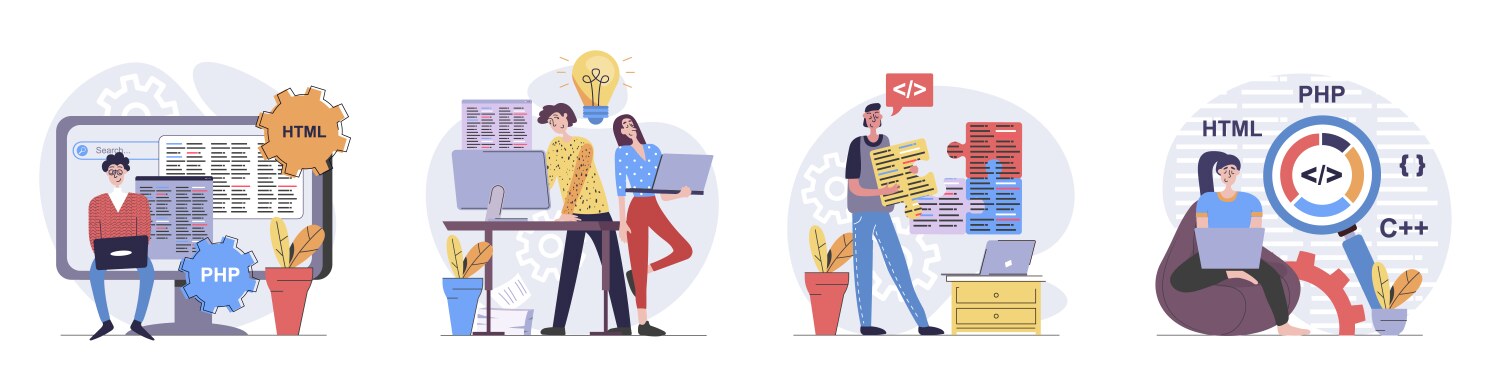 Programmers concept with people scenes set in flat vector image