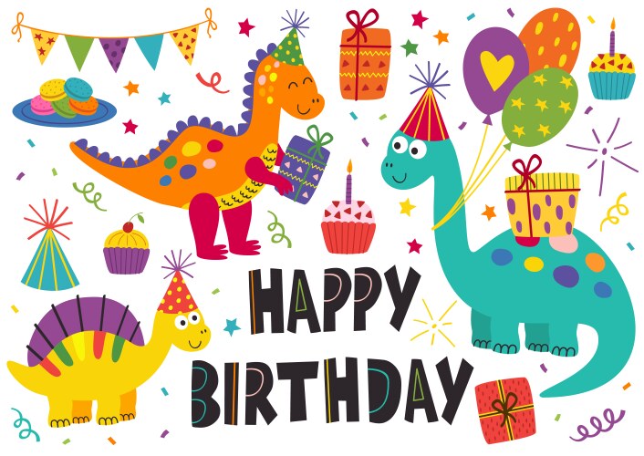 set isolated cute dinosaurs happy birthday vector image