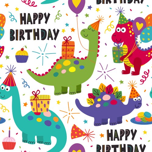 seamless pattern with dinosaurs happy birthday vector image