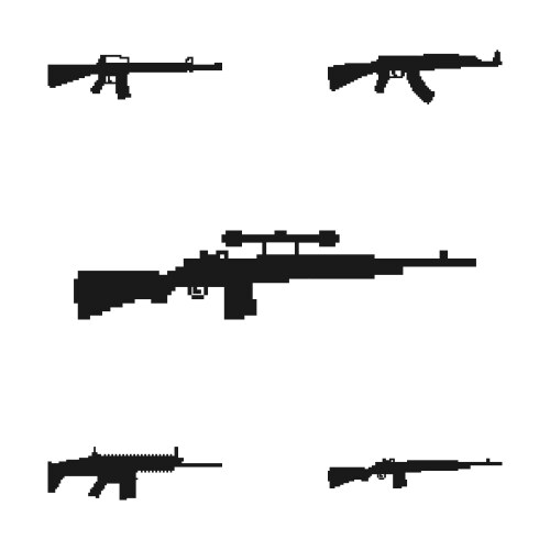 Set of pixel art silhouette weapon on isolated vector image