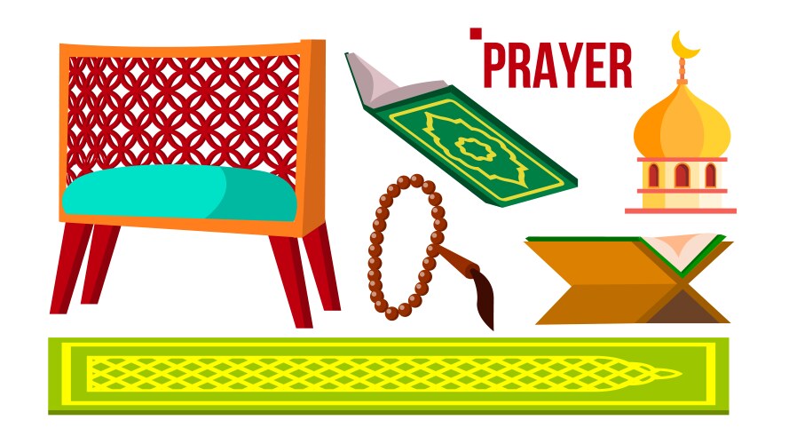 prayer muslim items koran rosary mosque vector image