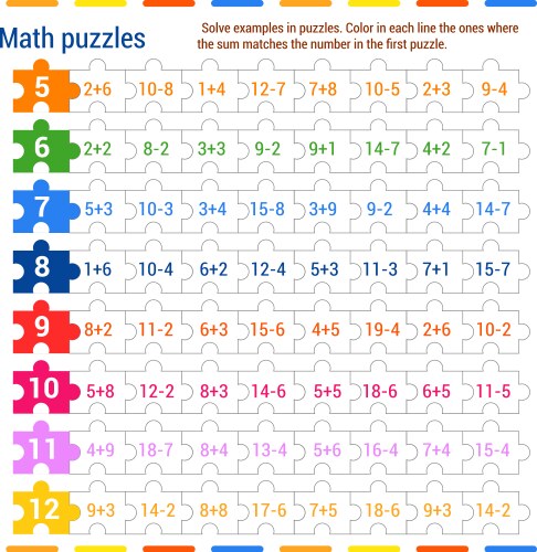 Math puzzle game solve the examples in jigsa vector image