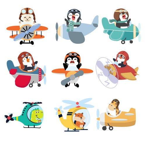 Kid pilot animal flying air plane set vector image