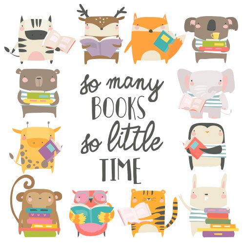 Cute animals reading books on white background vector image