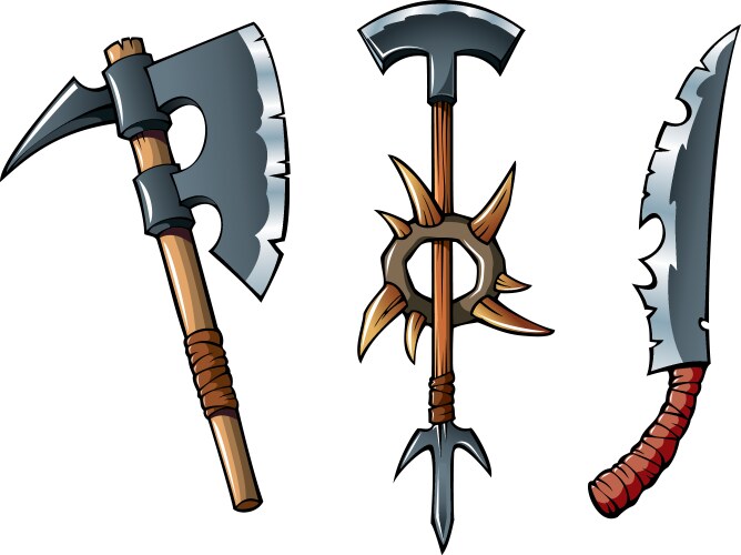 Cartoon fantasy weapons icons set Royalty Free Vector Image