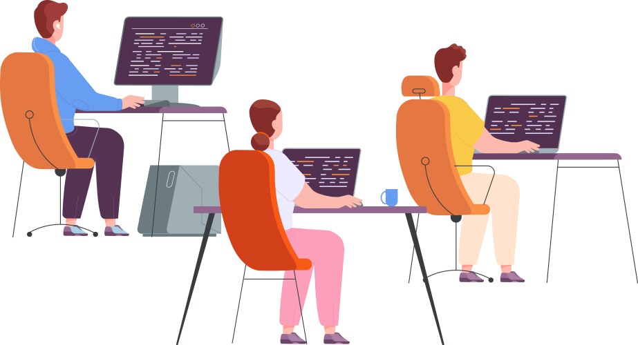 Programmers working at computers desks office vektorbild