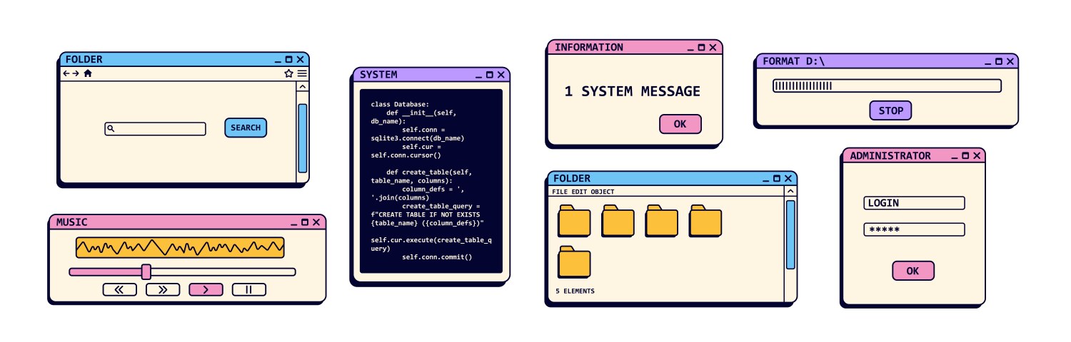 Set of nostalgic window with folders retro user vector image