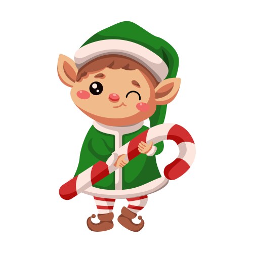 Winking little elf with candy cane flat character Vector Image