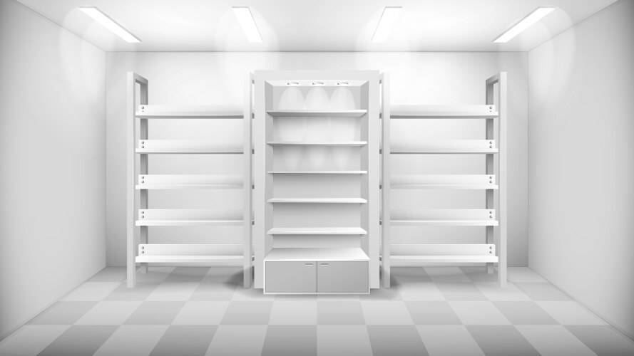 Realistic store interior with empty shelves Vector Image
