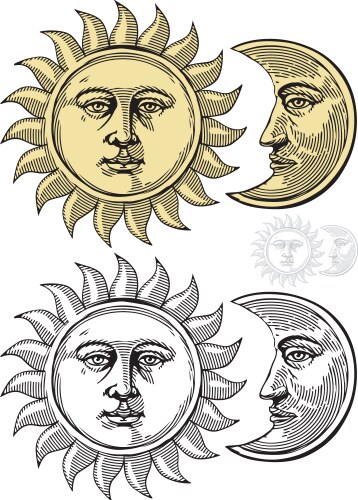 sun and moon with faces vector