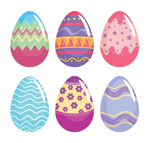 Happy easter six eggs painted set icons Vector Image