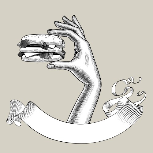 Retro Engraved Burger Hand Vector Image