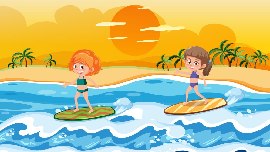 Children surfing on waves scene Vector Image