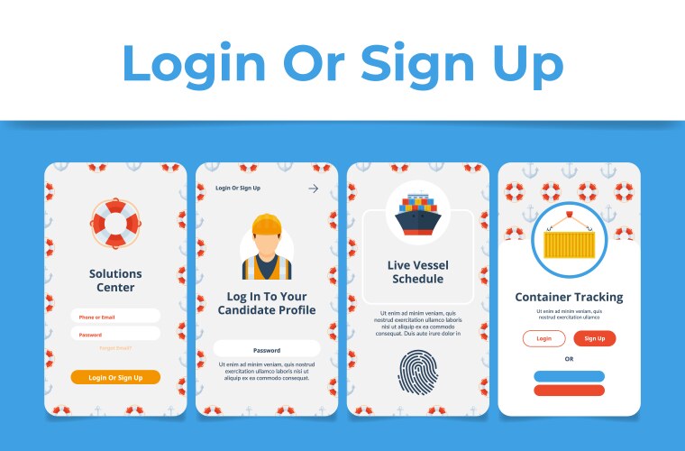 container tracking log in sign up mobile app page vector