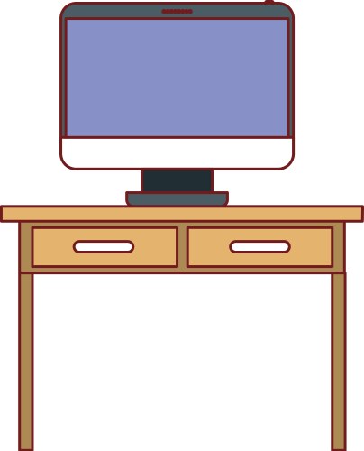 Desk table with drawers and desktop computer above vector image