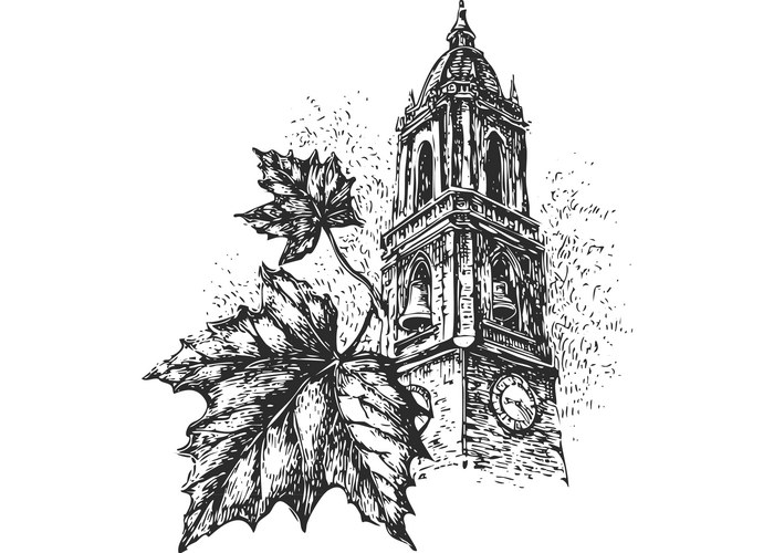 Hand-Drawn Tower with Maple Leaves Vector Image