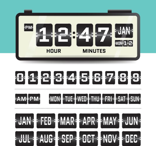 Digital flip clock ui elements set vector image