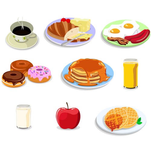 Breakfast meals cartoon morning food types Vector Image