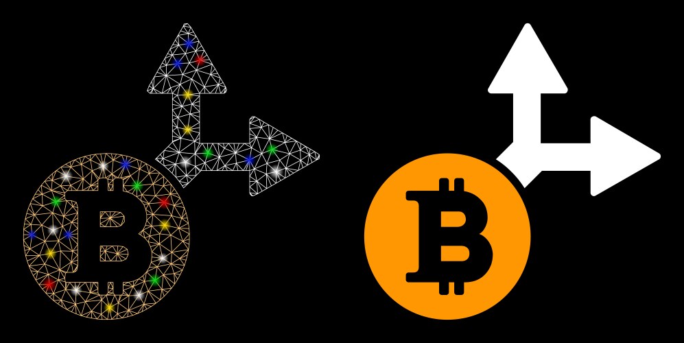 Glowing mesh carcass bitcoin fork icon with flash vector image