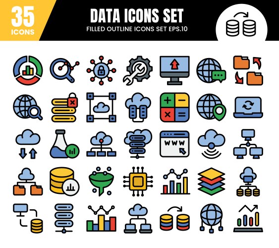 Database filled outline icons setdata analysis vector image
