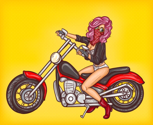 Pop art sexy biker girl sitting vector image