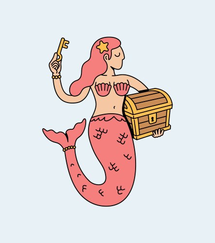 Cute mermaid treasure chest retro cartoon Vector Image