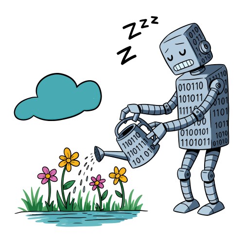 Sleepy robot watering flowers with binary code vector image
