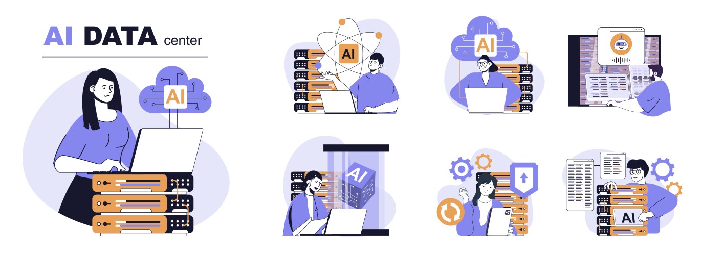 Ai data center concept set in flat web design vector image