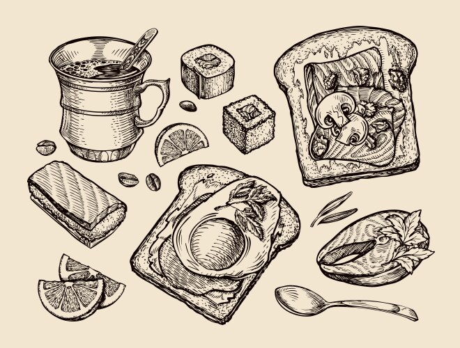 Hand Drawn Food Collection - Bread, Coffee & More Vector Image