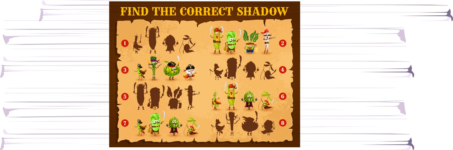 cartoon vegetable pirates find correct shadow game vector image vector image