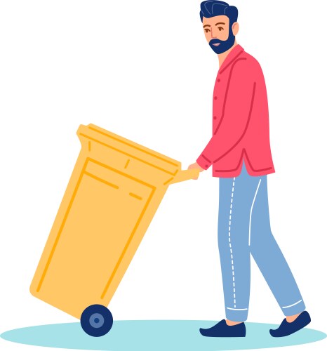 Man dragging trash bin guy with garbage container vector image