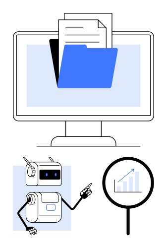 Blue folder on monitor with robot analyzing data vektorbild
