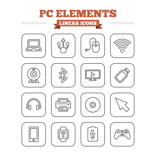 Computer elements linear icons set thin outline vector image