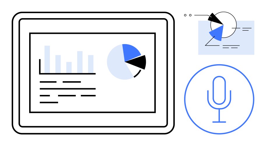 Data analysis on tablet with charts and microphone vector image