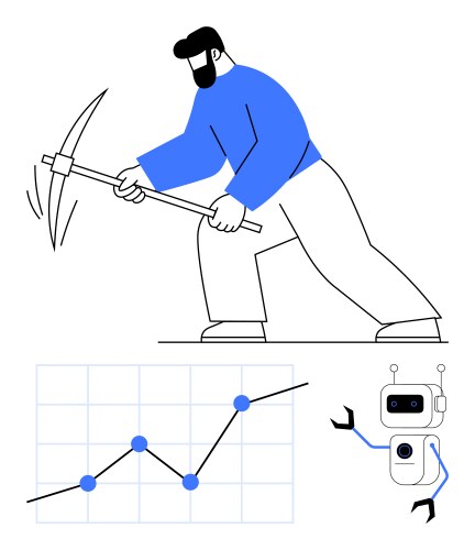 Man mining with pickaxe robot interaction vector image