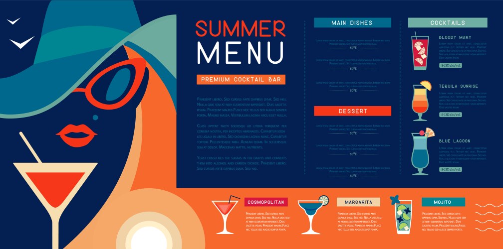 retro summer restaurant cocktail menu design vector