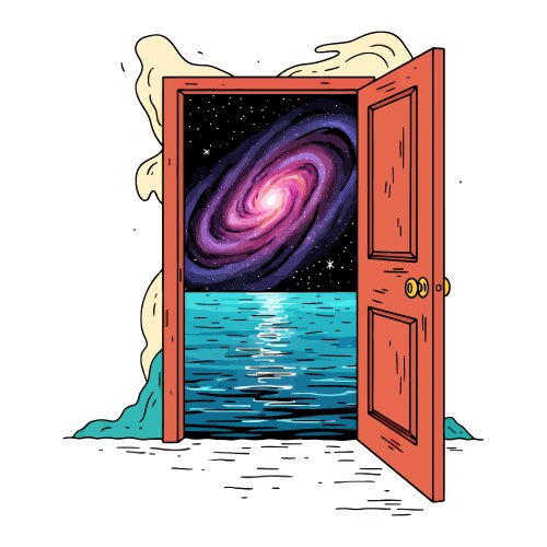 Open door reveals cosmic seascape galaxy Vector Image