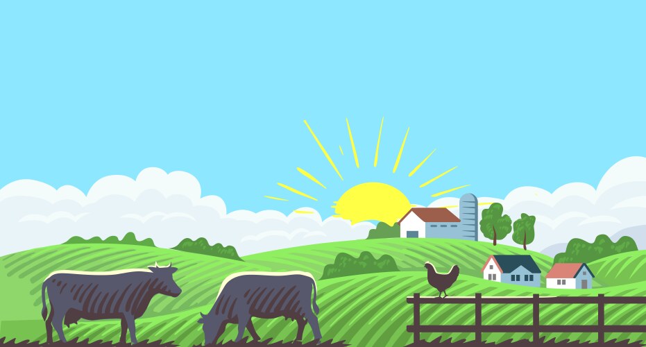 Cow silhouette in farm landscape farmland eco vector image