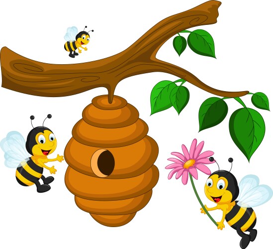 bees cartoon holding flower and a beehive vector image