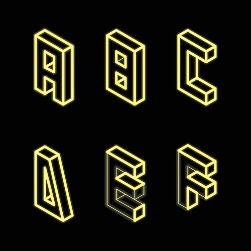 neon yellow letters a b c d e f on black color vector