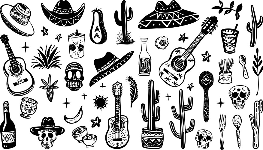 Mexican black and white simple doodle fiesta Vector Image
