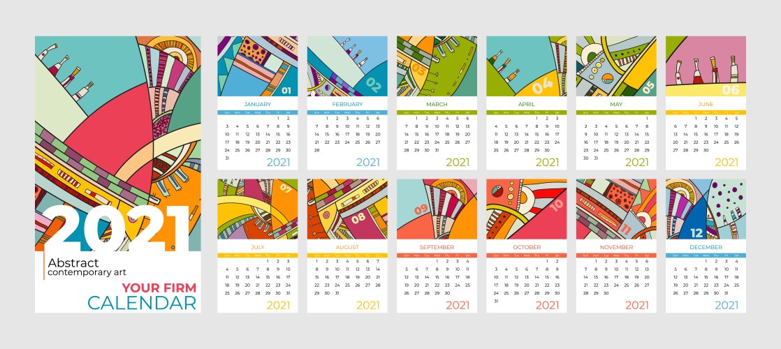 2021 calendar abstract contemporary art set vector