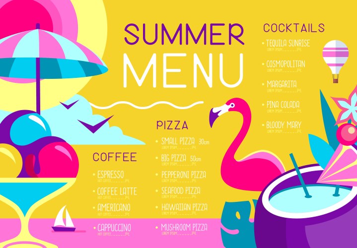 retro summer restaurant menu design with flamingo vector