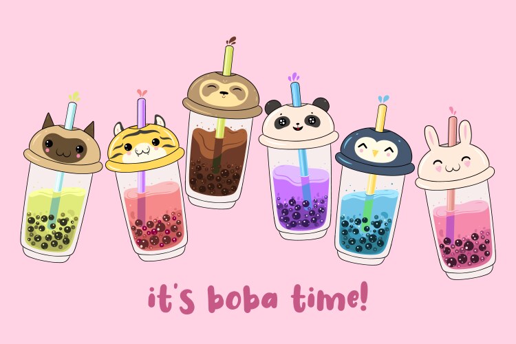 Postcard with kawaii bubble tea on a pink vector image