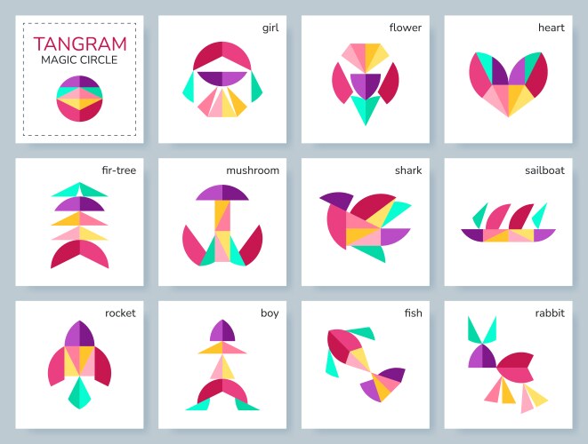 Tangram puzzle set with various objects vector image