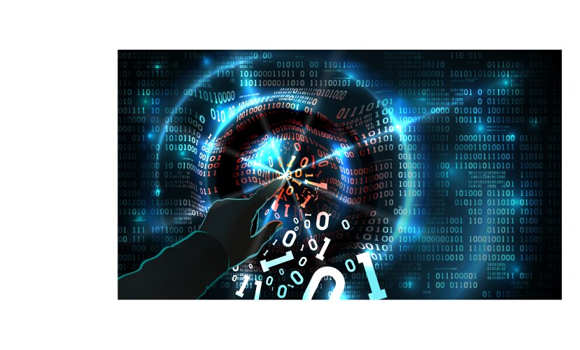 Hacker hand touches binary code and hacks vector image